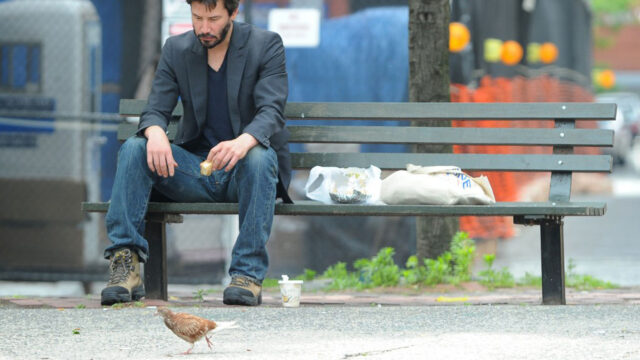 Keanu Reeves Eating Alone on a Park Bench Desktop Wallpaper