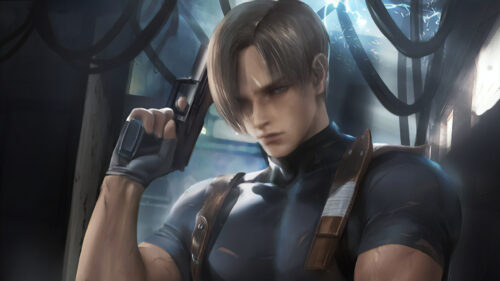 Leon S. Kennedy Holding Gun in Dark Laboratory PC Wallpaper