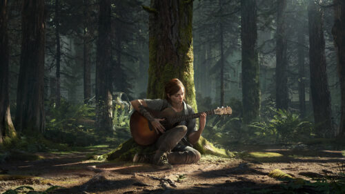 Ellie Playing Guitar in a Forest Scene 4K Desktop Wallpaper