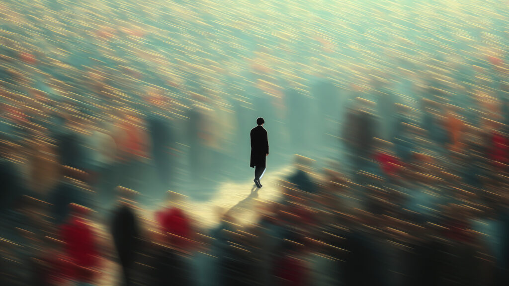 Lone Wanderer Silhouette in a Blurred Crowded City Desktop Wallpaper