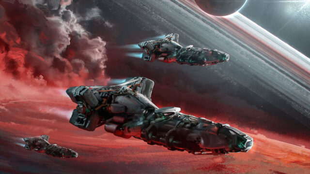 Sci-Fi Spaceships in Red Nebula Desktop Wallpaper