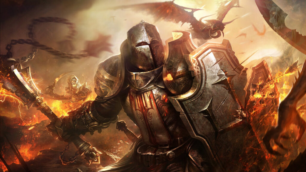 Crusader Knight Facing Demonic Forces 4K Desktop Wallpaper