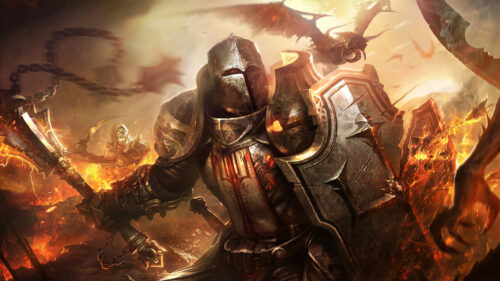 Crusader Knight Facing Demonic Forces 4K Desktop Wallpaper