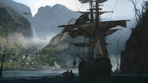 Pirate Ship Docked in a Tropical Mountain Cove Desktop Wallpaper