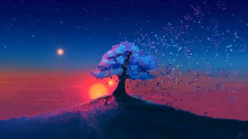Ethereal Bioluminescent Tree Sunset Fantasy 4K Wallpaper