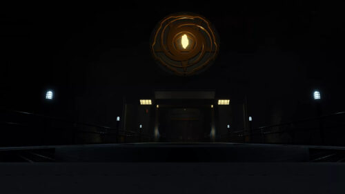 Futuristic Dark Corridor with Glowing Emblem Desktop Wallpaper