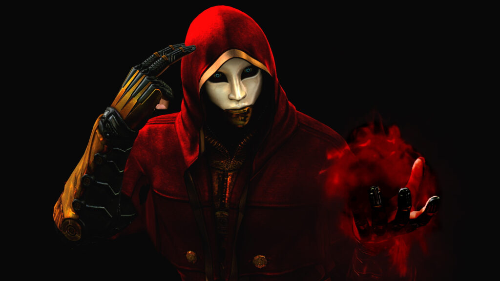 Mysterious Masked Figure in Crimson Robes Desktop Wallpaper