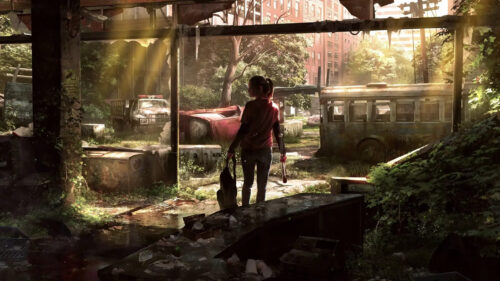 Post-Apocalyptic Survivor Scavenging in Ruined City Desktop Wallpaper