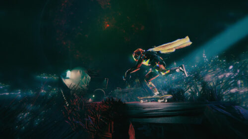 Cyberpunk Skater Under Cosmic Skies Desktop Wallpaper