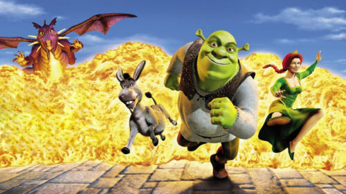Shrek Characters Running from Fire 16:9 Desktop Wallpaper
