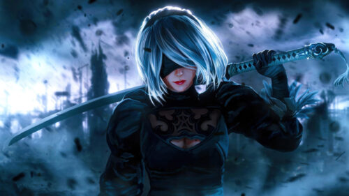 2B Nier Automata Combat Scene Desktop Wallpaper