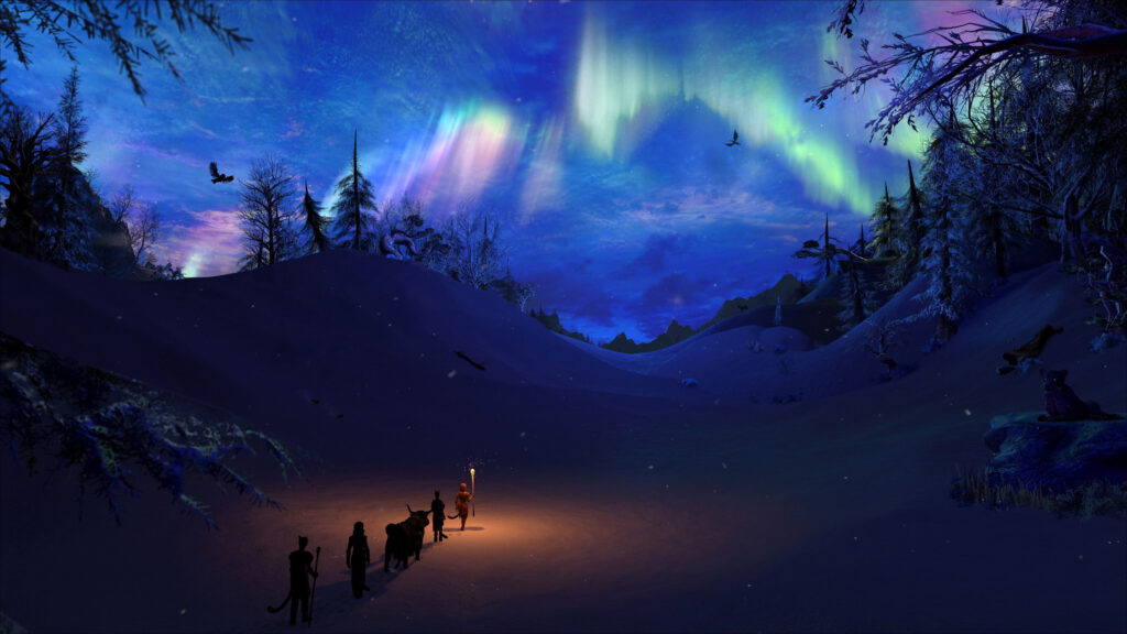 Fantasy Winter Expedition Under Northern Lights 4K Wallpaper