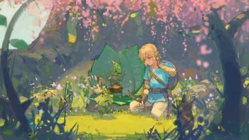 Link with Koroks in a Forest Desktop Wallpaper