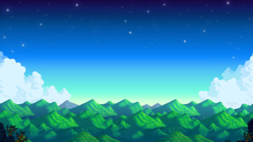 Pixel Art Green Mountain Range Sunset Desktop Wallpaper