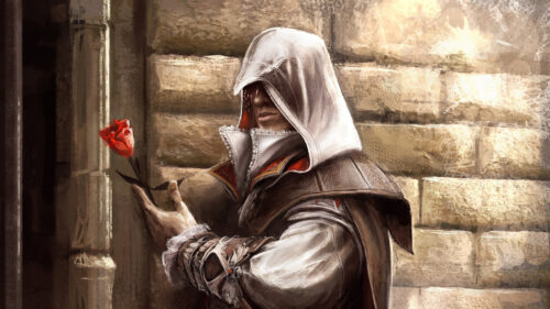 Ezio Auditore Holding a Red Rose Desktop Wallpaper