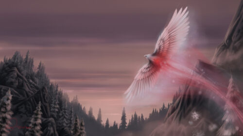 Spectral White Eagle over Snowy Mountains Desktop Wallpaper
