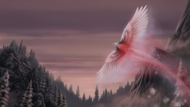 Spectral White Eagle over Snowy Mountains Desktop Wallpaper