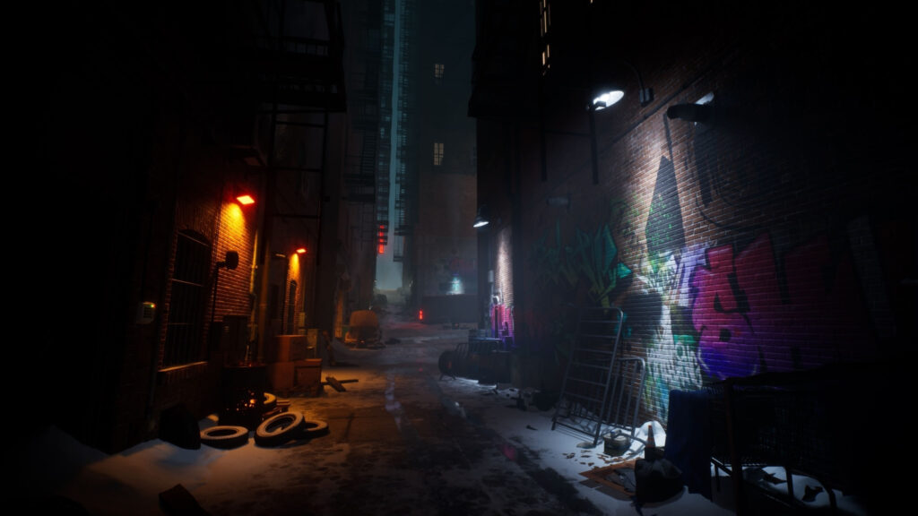 Snowy Urban Alleyway at Night 4K Desktop Wallpaper