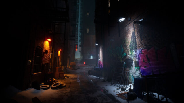 Snowy Urban Alleyway at Night 4K Desktop Wallpaper