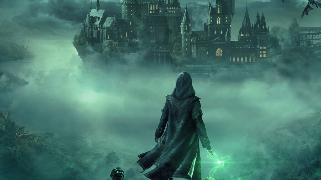 Mystical Sorcerer Overlooking Dark Castle Desktop Wallpaper