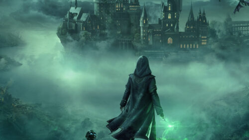 Mystical Sorcerer Overlooking Dark Castle Desktop Wallpaper