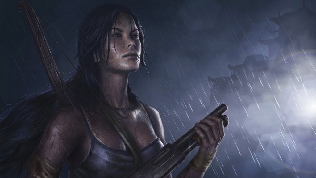 Lara Croft Stormy Night Encounter 4K Desktop Wallpaper