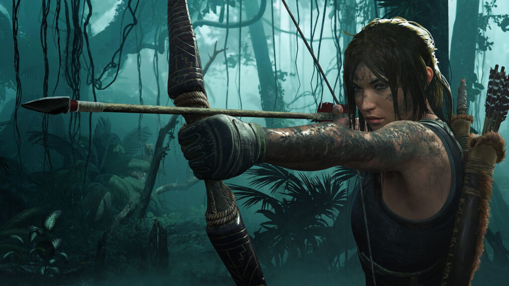 Lara Croft Focused Aim in Tropical Jungle 4K Desktop Wallpaper