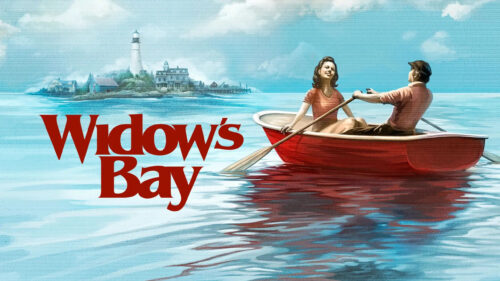 Couple Rowing Boat toward Island Lighthouse Desktop Wallpaper
