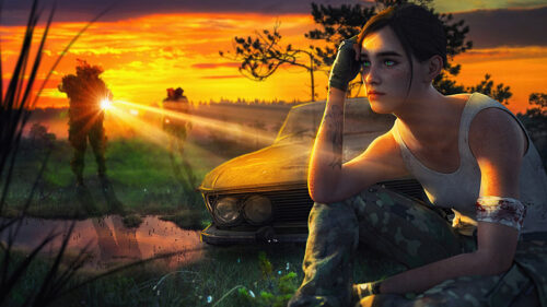 Post Apocalyptic Soldier Girl at Sunset Desktop Wallpaper