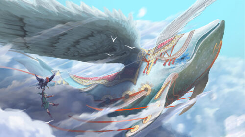 Link Riding a Cucco Beside the Wind Fish Desktop Wallpaper