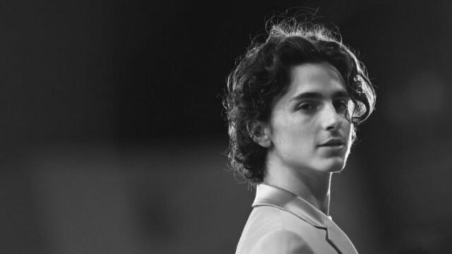 Elegant Black and White Portrait of Timothée Chalamet Desktop Wallpaper