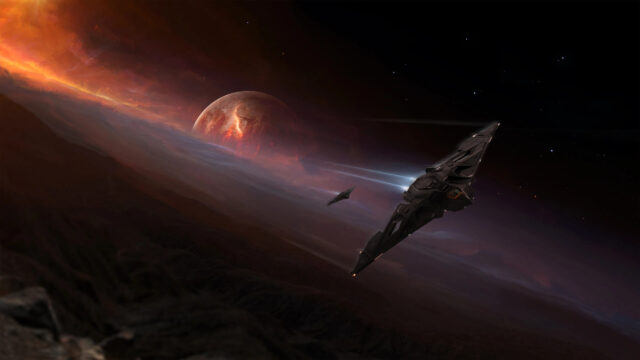 Dark Futuristic Spaceship Flying Over Alien Planet 4K Wallpaper