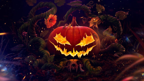 Fiery Jack-o’-Lantern Amidst Twisted Vines Desktop Wallpaper