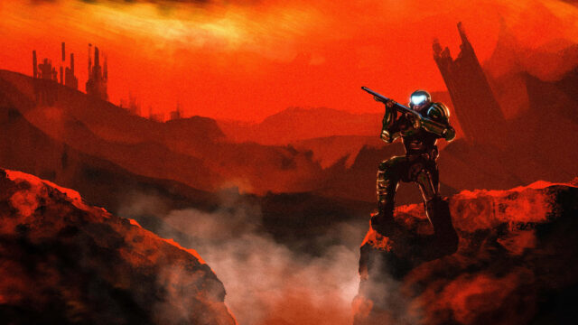 Doom Marine Standing on a Crimson Cliff Desktop Wallpaper
