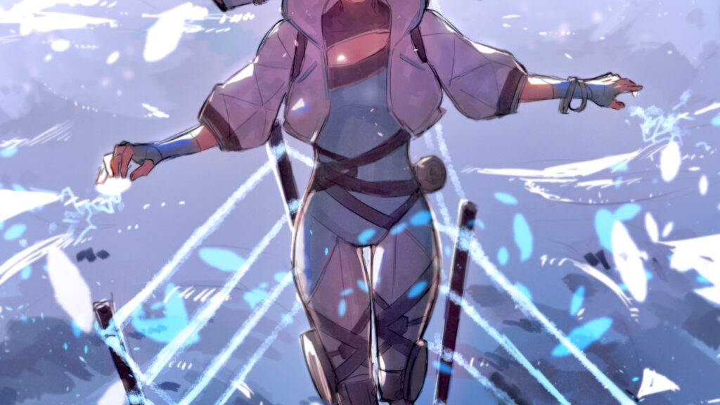 Futuristic Warrior Amidst Blue Energy Particles Desktop Wallpaper