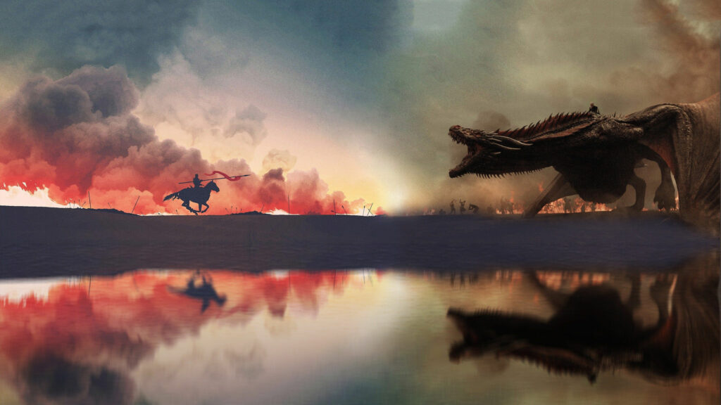Epic Fantasy Dragon and Warrior Landscape Desktop Wallpaper