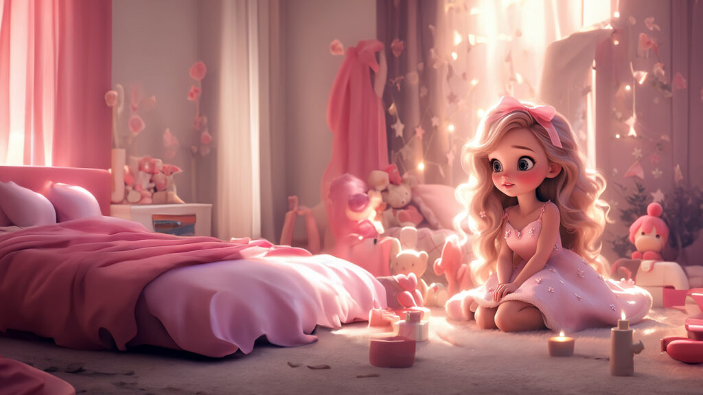 Whimsical Girl in Pink Bedroom Fantasy Art Desktop Wallpaper
