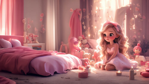 Whimsical Girl in Pink Bedroom Fantasy Art Desktop Wallpaper