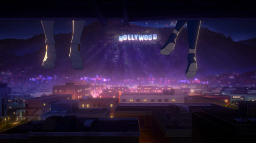 Anime Girl Legs Over Cityscape at Night 4K Desktop Wallpaper