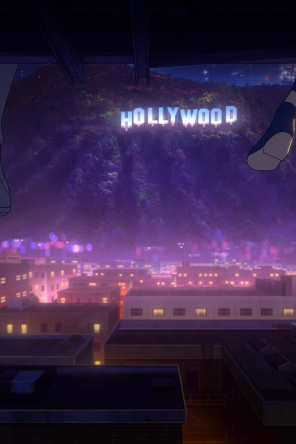 Anime Girl Legs Over Cityscape at Night 4K Desktop Wallpaper