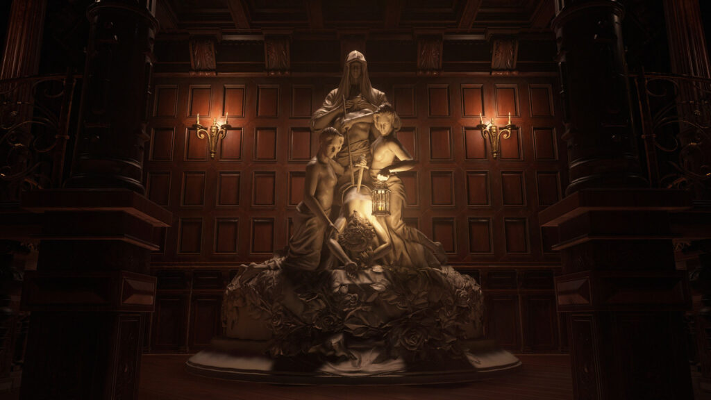 Ornate Gothic Statue in Dark Wooden Chamber 4K Wallpaper