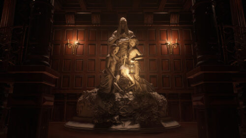 Ornate Gothic Statue in Dark Wooden Chamber 4K Wallpaper