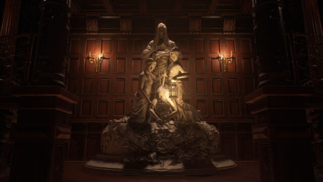 Ornate Gothic Statue in Dark Wooden Chamber 4K Wallpaper