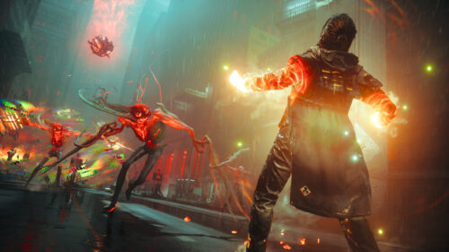 Supernatural Action Combat in Ruined City Desktop Wallpaper