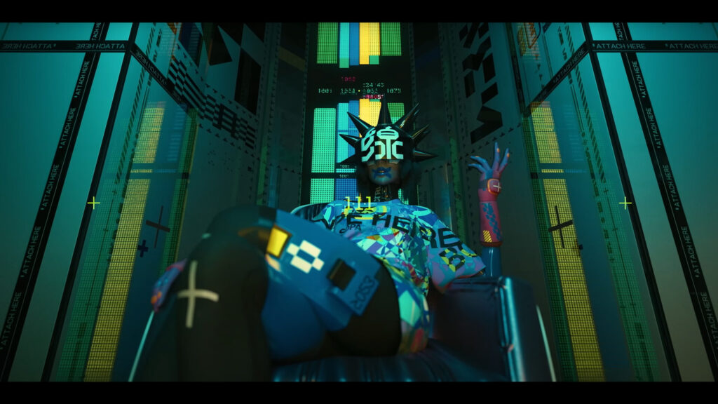 Futuristic Cyberpunk Character Sitting in Digital Void Desktop Wallpaper