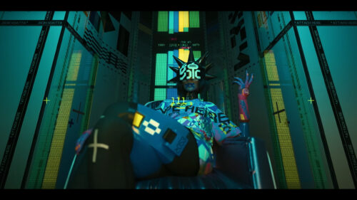 Futuristic Cyberpunk Character Sitting in Digital Void Desktop Wallpaper