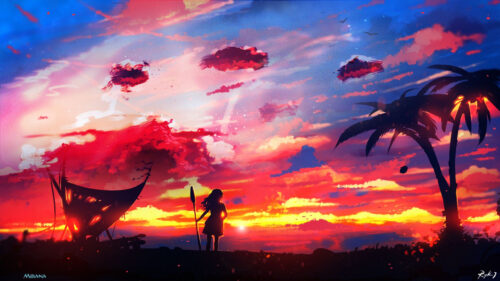 Tropical Sunset Silhouette Island Scene 4K Wallpaper