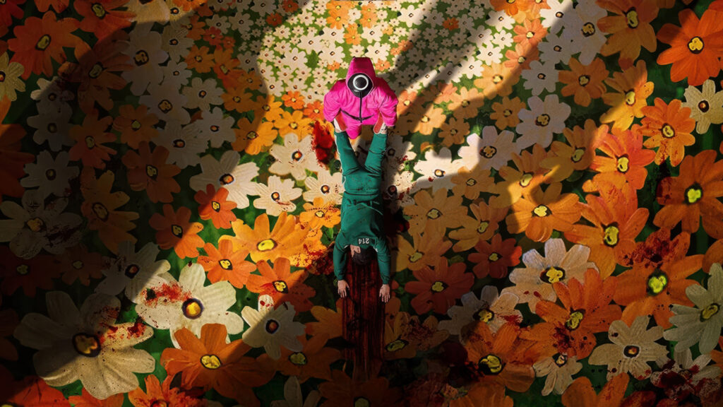 High-Angle Floral Art Squid Game Style Desktop Wallpaper