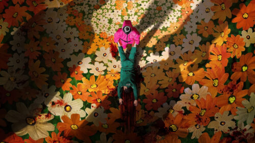 High-Angle Floral Art Squid Game Style Desktop Wallpaper