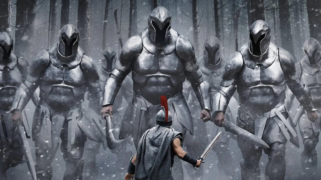 Epic Spartan Warrior Against Armored Giants 4K Desktop Wallpaper